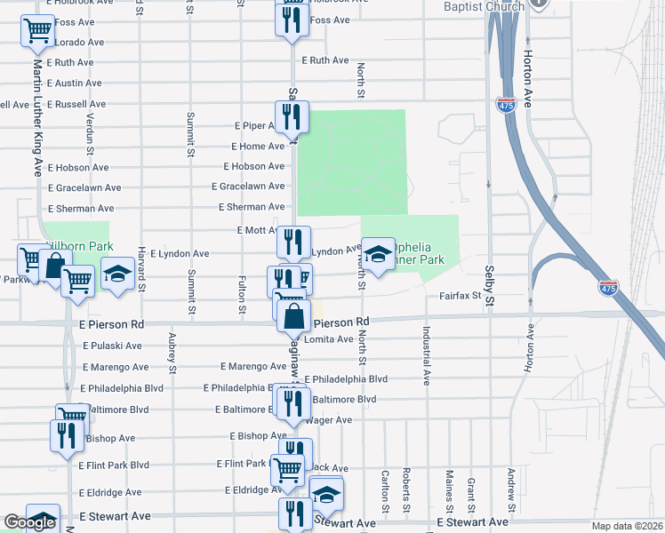 map of restaurants, bars, coffee shops, grocery stores, and more near 730 East Lyndon Avenue in Flint