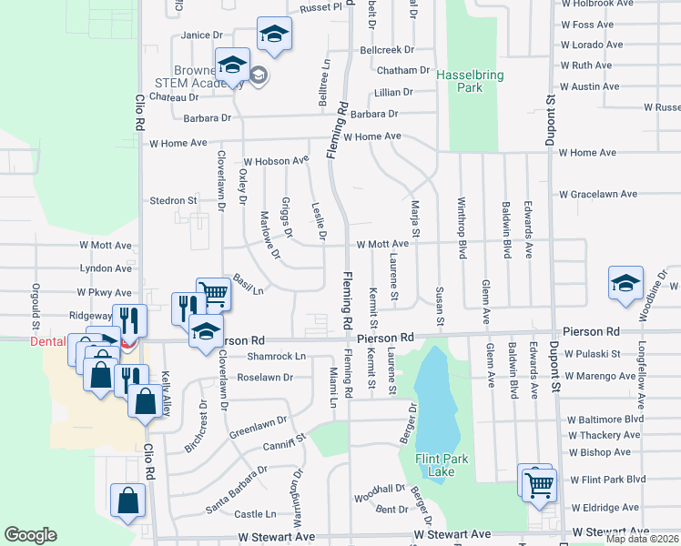 map of restaurants, bars, coffee shops, grocery stores, and more near 5505 Fleming Road in Flint