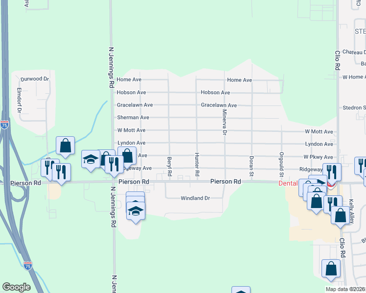 map of restaurants, bars, coffee shops, grocery stores, and more near 3350 Lyndon Avenue in Flint