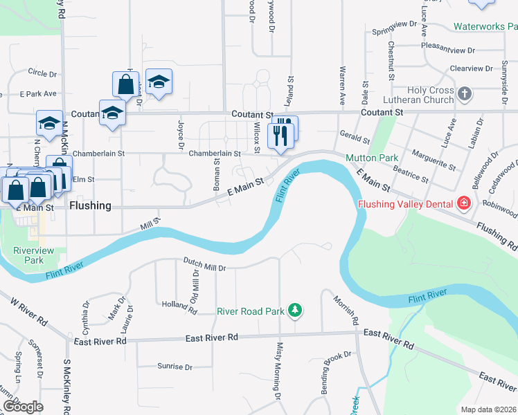 map of restaurants, bars, coffee shops, grocery stores, and more near 760 East Main Street in Flushing