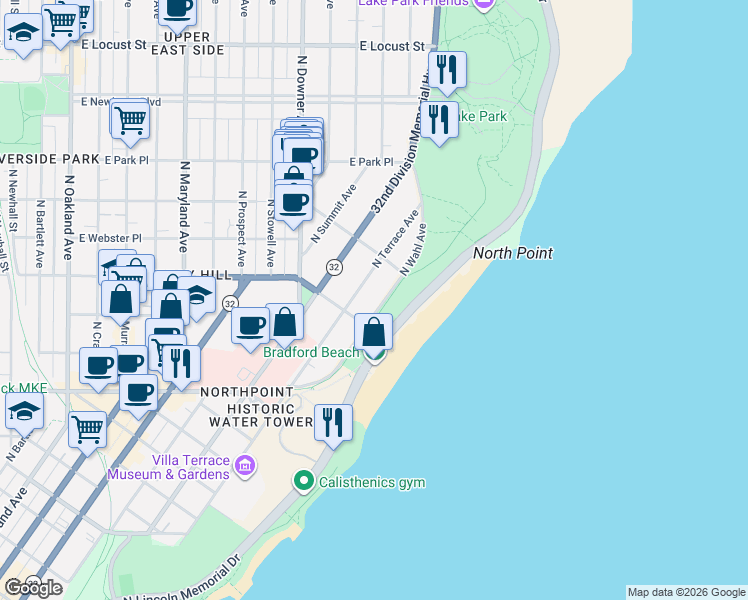 map of restaurants, bars, coffee shops, grocery stores, and more near 2559 North Wahl Avenue in Milwaukee