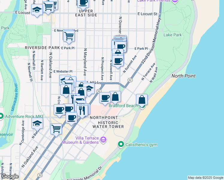 map of restaurants, bars, coffee shops, grocery stores, and more near in Milwaukee