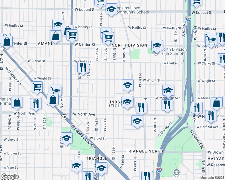 map of restaurants, bars, coffee shops, grocery stores, and more near 2463 North 15th Street in Milwaukee