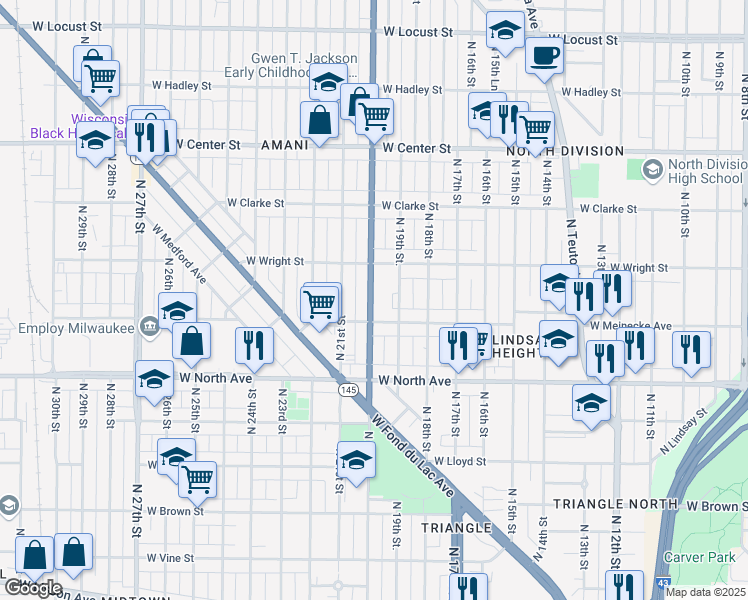 map of restaurants, bars, coffee shops, grocery stores, and more near 2459 North 20th Street in Milwaukee