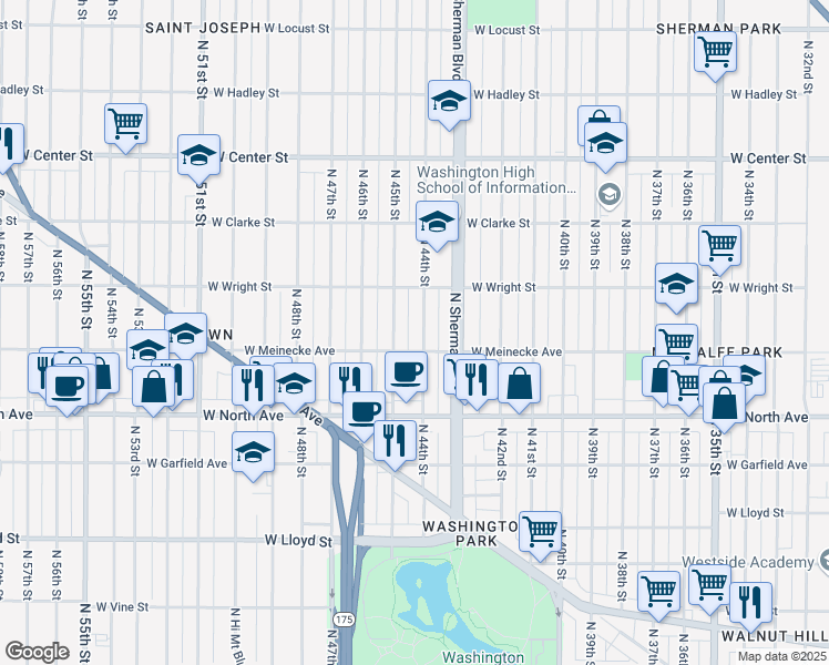 map of restaurants, bars, coffee shops, grocery stores, and more near 2445 North 44th Street in Milwaukee