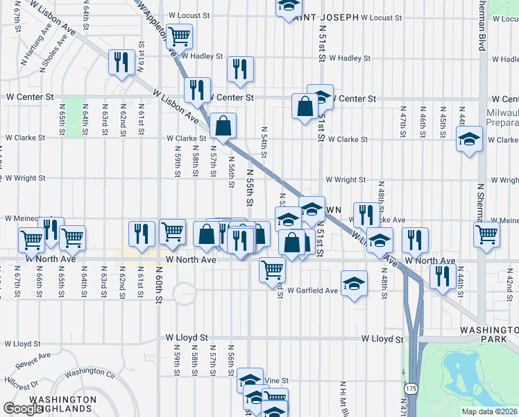 map of restaurants, bars, coffee shops, grocery stores, and more near 2445 North 54th Street in Milwaukee