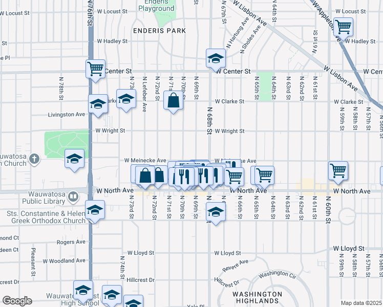 map of restaurants, bars, coffee shops, grocery stores, and more near 2443 North 69th Street in Wauwatosa