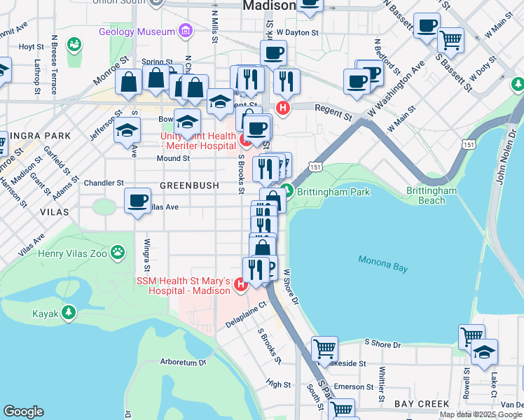 map of restaurants, bars, coffee shops, grocery stores, and more near 902 Vilas Avenue in Madison