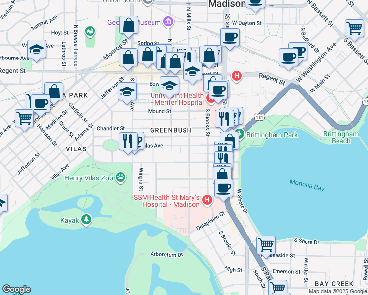 map of restaurants, bars, coffee shops, grocery stores, and more near 318 South Mills Street in Madison