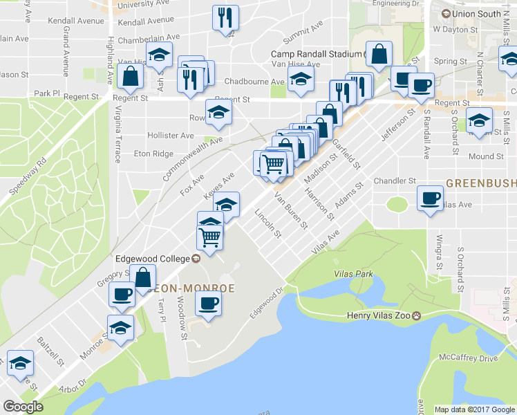 map of restaurants, bars, coffee shops, grocery stores, and more near 2010 Monroe Street in Madison