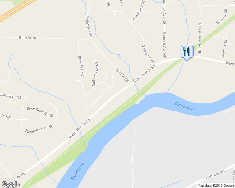 map of restaurants, bars, coffee shops, grocery stores, and more near 5527 West River Drive Northeast in Comstock Park