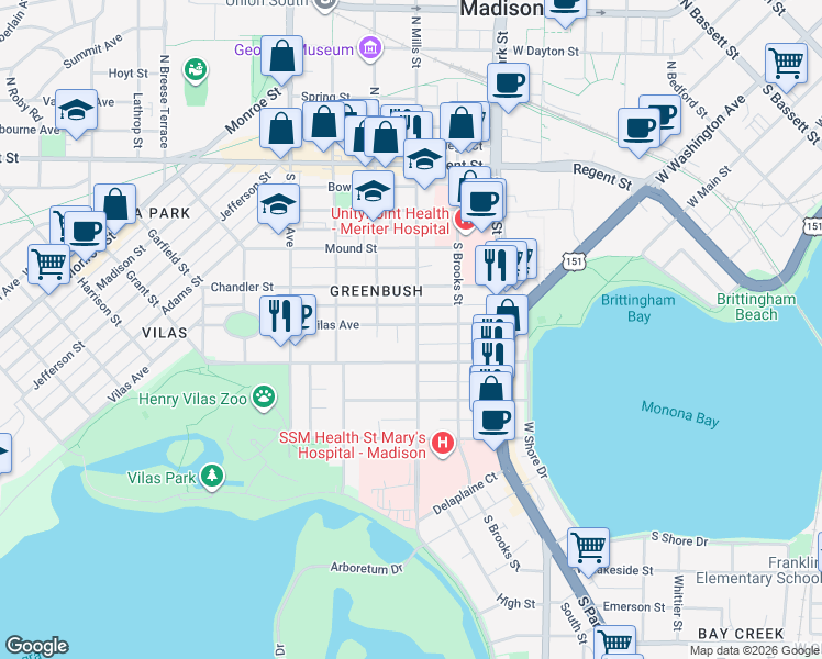 map of restaurants, bars, coffee shops, grocery stores, and more near 402 South Mills Street in Madison