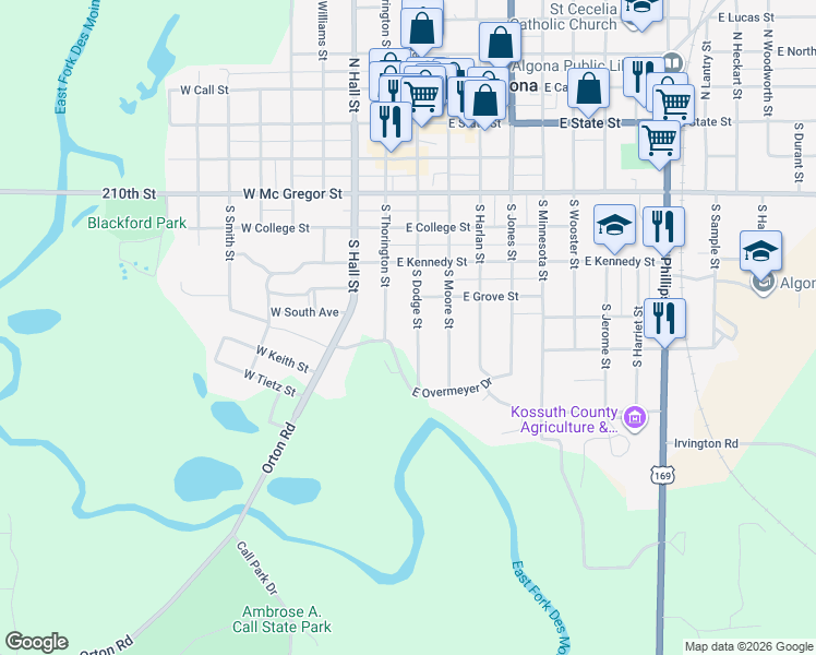 map of restaurants, bars, coffee shops, grocery stores, and more near 501-799 South Thorington Street in Algona