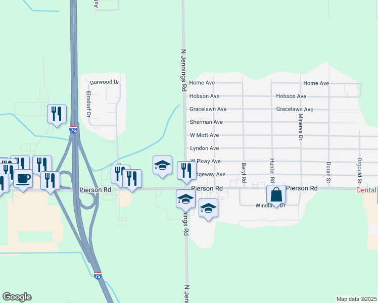 map of restaurants, bars, coffee shops, grocery stores, and more near 4100 North Jennings Road in Flint
