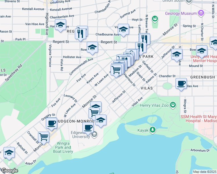 map of restaurants, bars, coffee shops, grocery stores, and more near 2021 Monroe Street in Madison