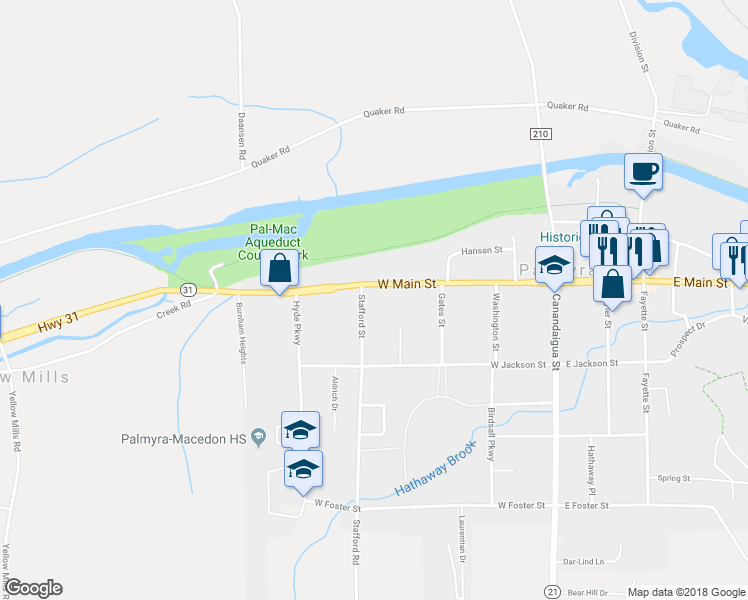 map of restaurants, bars, coffee shops, grocery stores, and more near 360 West Main Street in Palmyra
