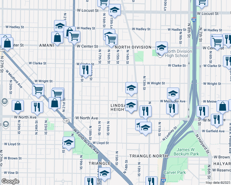 map of restaurants, bars, coffee shops, grocery stores, and more near 2463 North 15th Street in Milwaukee