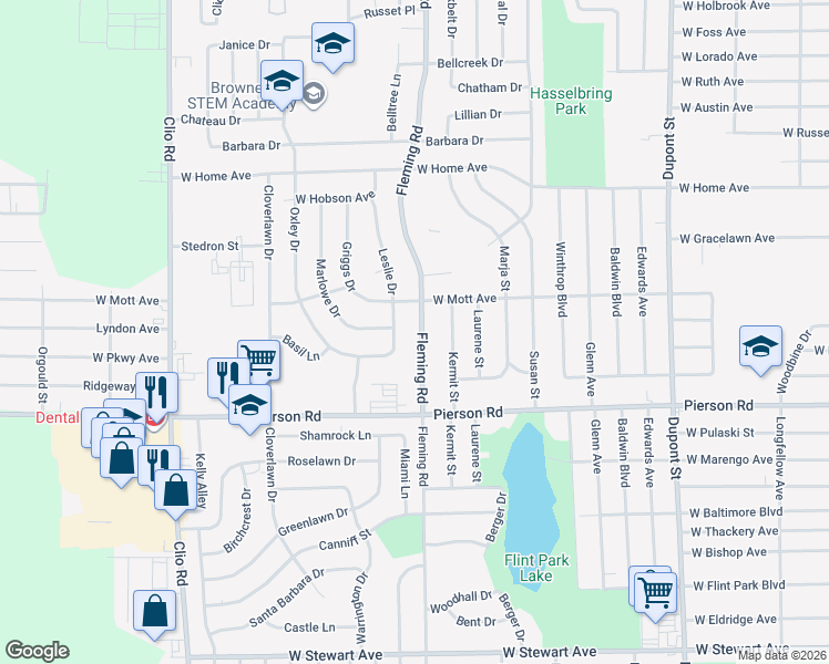 map of restaurants, bars, coffee shops, grocery stores, and more near 5505 Fleming Road in Flint