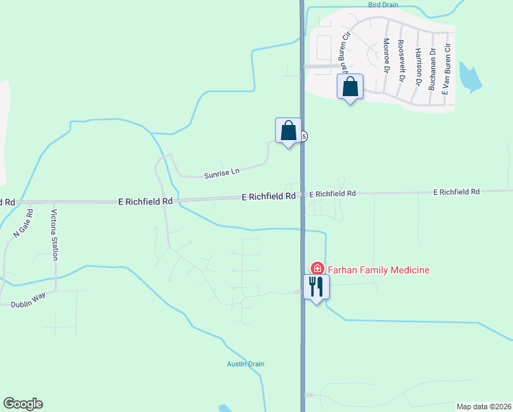 map of restaurants, bars, coffee shops, grocery stores, and more near 9446 East Richfield Road in Davison