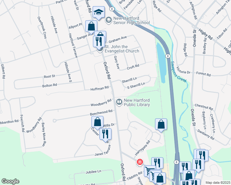 map of restaurants, bars, coffee shops, grocery stores, and more near 121 Oxford Road in New Hartford