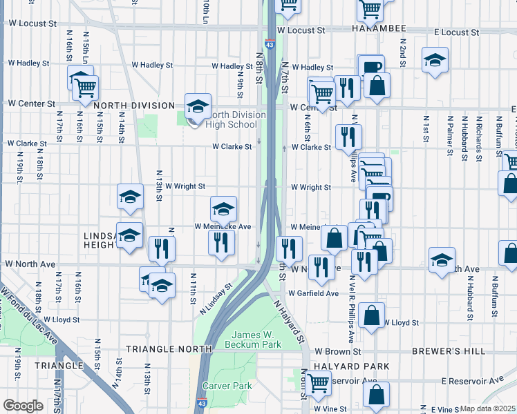 map of restaurants, bars, coffee shops, grocery stores, and more near North 8th Street in Milwaukee