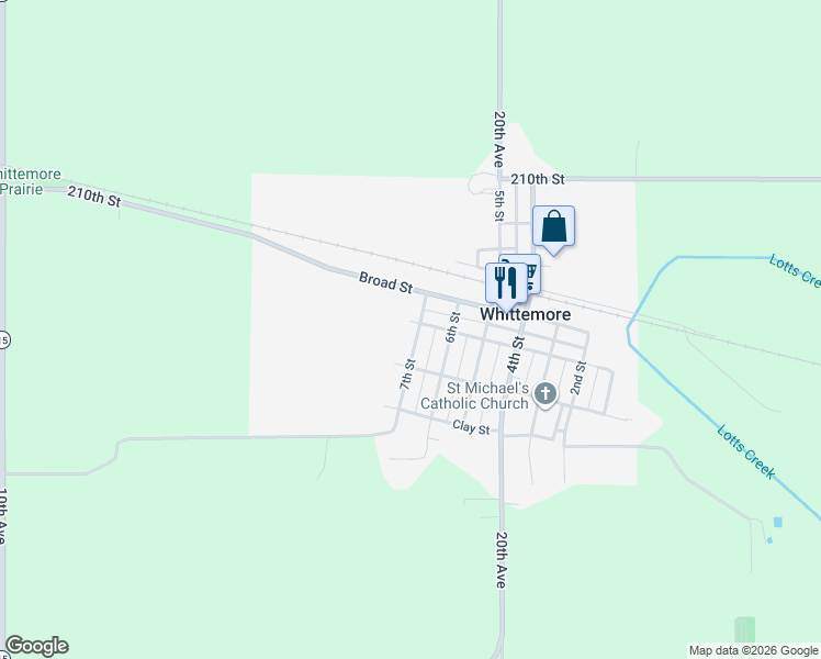 map of restaurants, bars, coffee shops, grocery stores, and more near 400-498 7th Street West in Whittemore