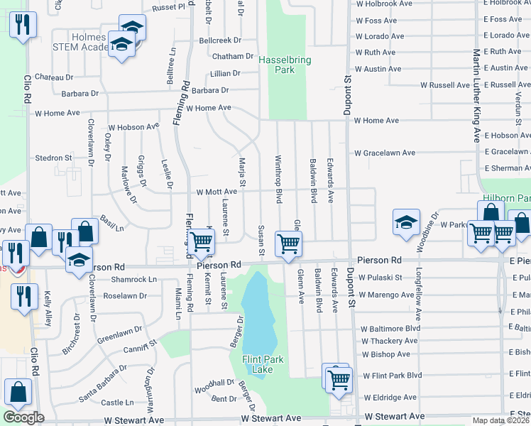 map of restaurants, bars, coffee shops, grocery stores, and more near 5509 Susan Street in Flint