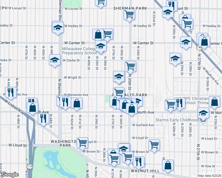map of restaurants, bars, coffee shops, grocery stores, and more near 2445 North 37th Street in Milwaukee