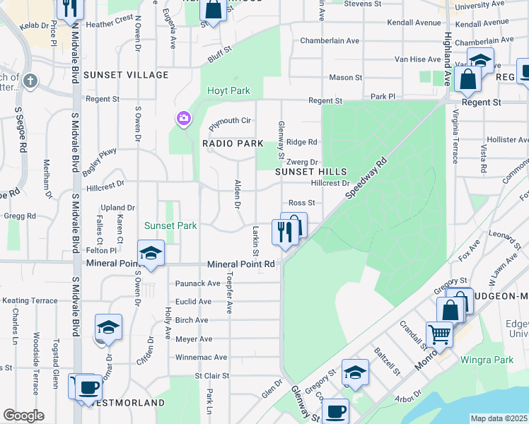 map of restaurants, bars, coffee shops, grocery stores, and more near 225 Larkin Street in Madison