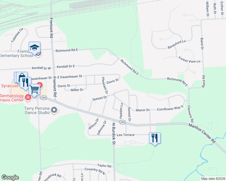 map of restaurants, bars, coffee shops, grocery stores, and more near 309 Sunset Drive in East Syracuse