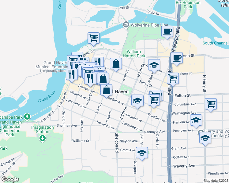 map of restaurants, bars, coffee shops, grocery stores, and more near in Grand Haven