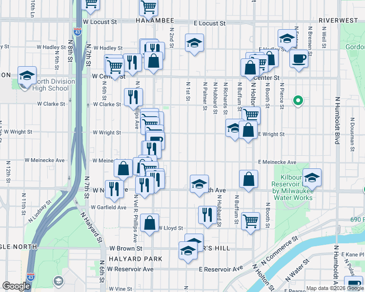 map of restaurants, bars, coffee shops, grocery stores, and more near 2468 North 2nd Street in Milwaukee