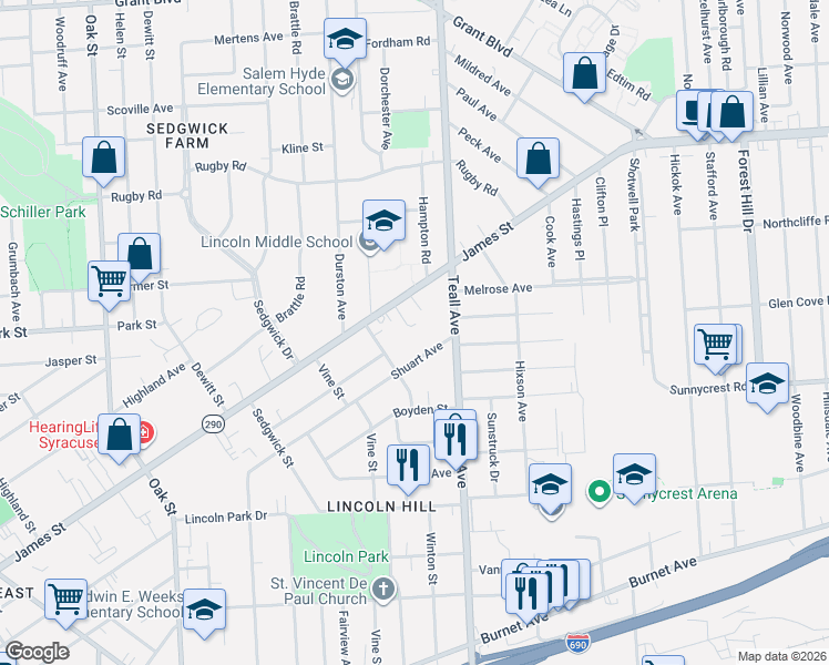 map of restaurants, bars, coffee shops, grocery stores, and more near 1211-13 Teall Avenue in Syracuse