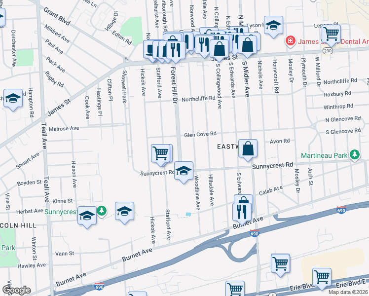 map of restaurants, bars, coffee shops, grocery stores, and more near 308 Woodbine Avenue in Syracuse