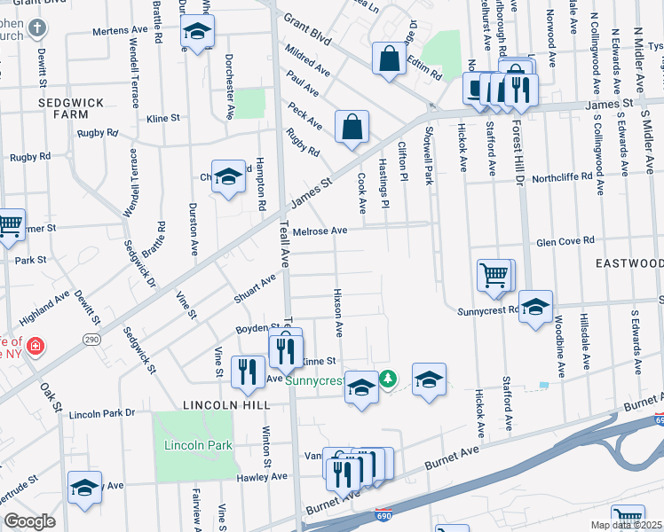 map of restaurants, bars, coffee shops, grocery stores, and more near 300 Hixson Avenue in Syracuse