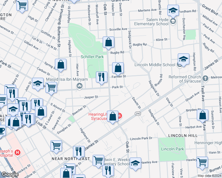 map of restaurants, bars, coffee shops, grocery stores, and more near in Syracuse