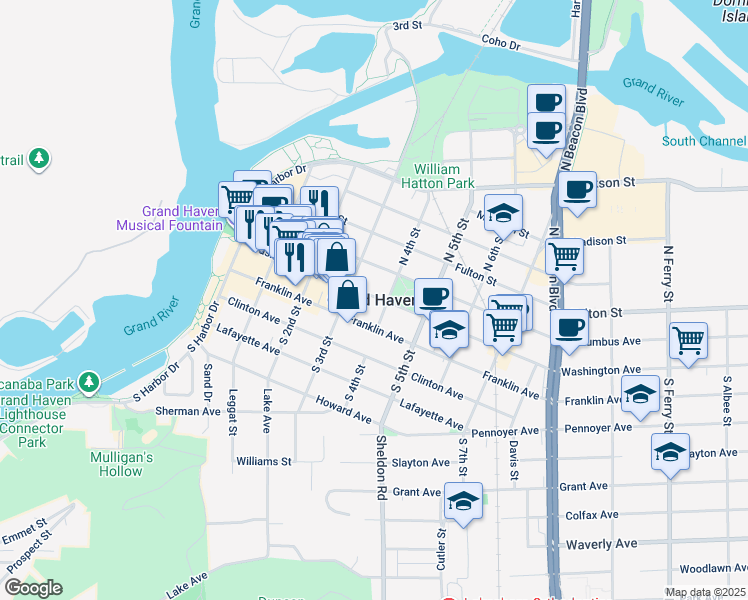 map of restaurants, bars, coffee shops, grocery stores, and more near in Grand Haven