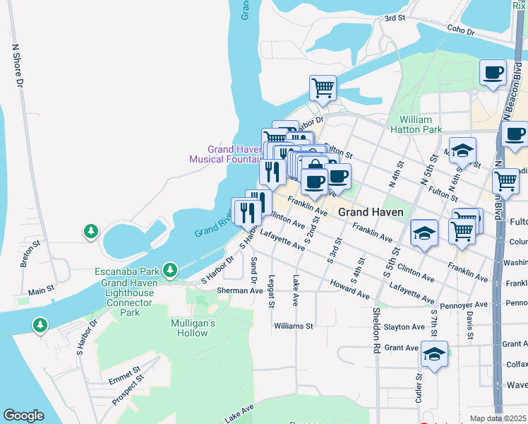 map of restaurants, bars, coffee shops, grocery stores, and more near 114 South Harbor Drive in Grand Haven