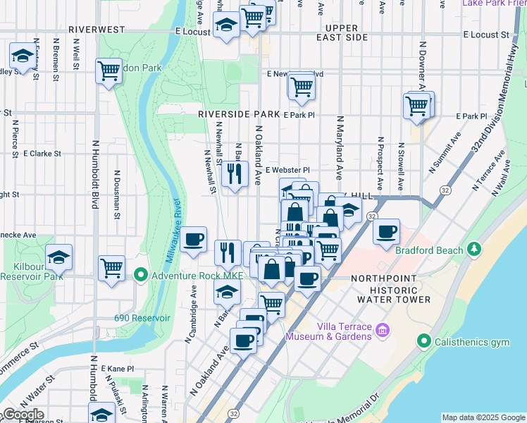 map of restaurants, bars, coffee shops, grocery stores, and more near in Milwaukee