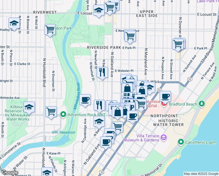 map of restaurants, bars, coffee shops, grocery stores, and more near in Milwaukee