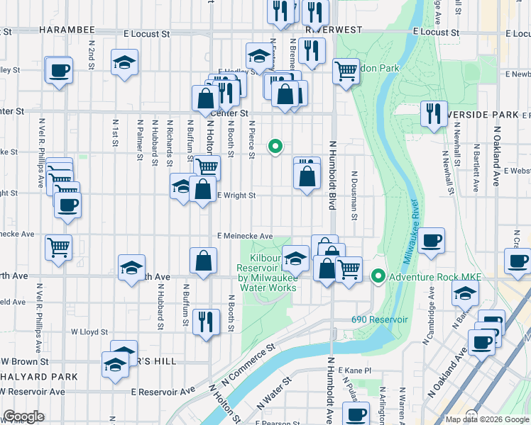 map of restaurants, bars, coffee shops, grocery stores, and more near 2466 North Fratney Street in Milwaukee