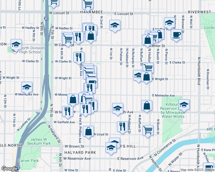 map of restaurants, bars, coffee shops, grocery stores, and more near 2468 North 2nd Street in Milwaukee