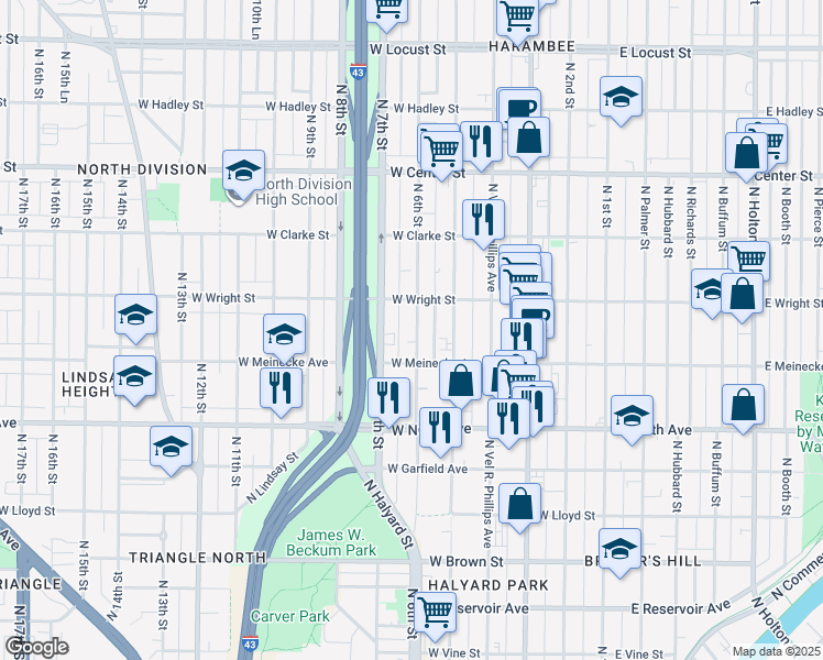 map of restaurants, bars, coffee shops, grocery stores, and more near 539 West Wright Street in Milwaukee