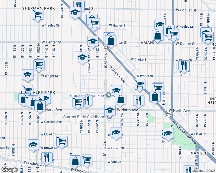 map of restaurants, bars, coffee shops, grocery stores, and more near 2451 North 26th Street in Milwaukee