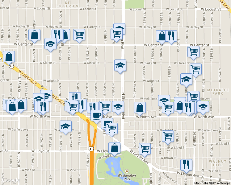 map of restaurants, bars, coffee shops, grocery stores, and more near 2445 North 44th Street in Milwaukee