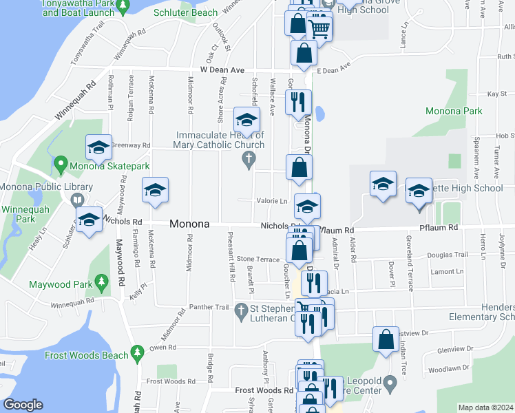 map of restaurants, bars, coffee shops, grocery stores, and more near 5112 Schofield Street in Monona