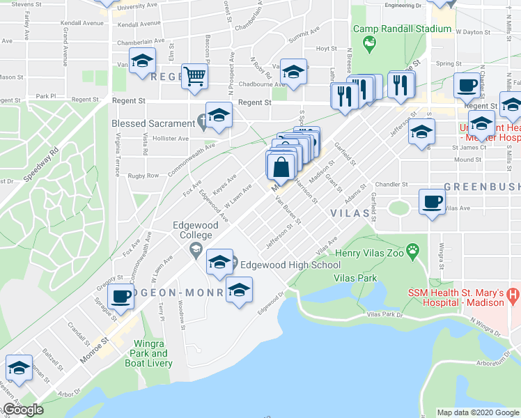 map of restaurants, bars, coffee shops, grocery stores, and more near 2010 Monroe Street in Madison