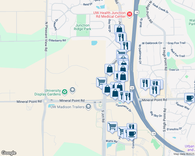 map of restaurants, bars, coffee shops, grocery stores, and more near 210 Junction Road in Madison
