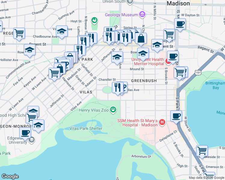 map of restaurants, bars, coffee shops, grocery stores, and more near 1438 Vilas Ave in Madison