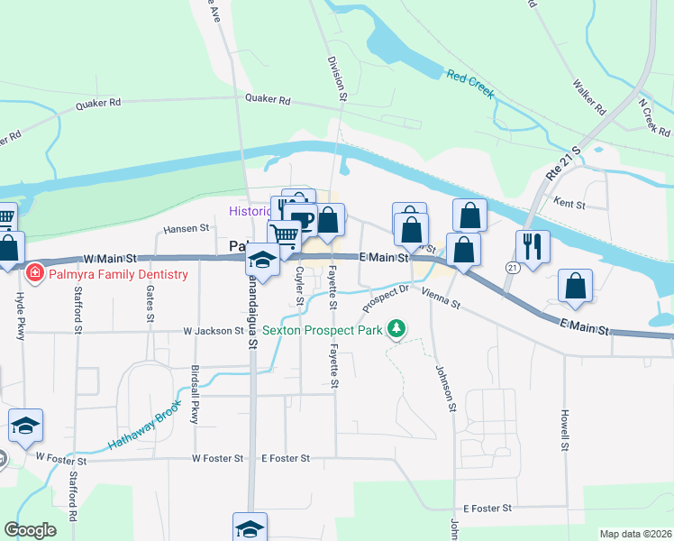 map of restaurants, bars, coffee shops, grocery stores, and more near 316 East Main Street in Palmyra